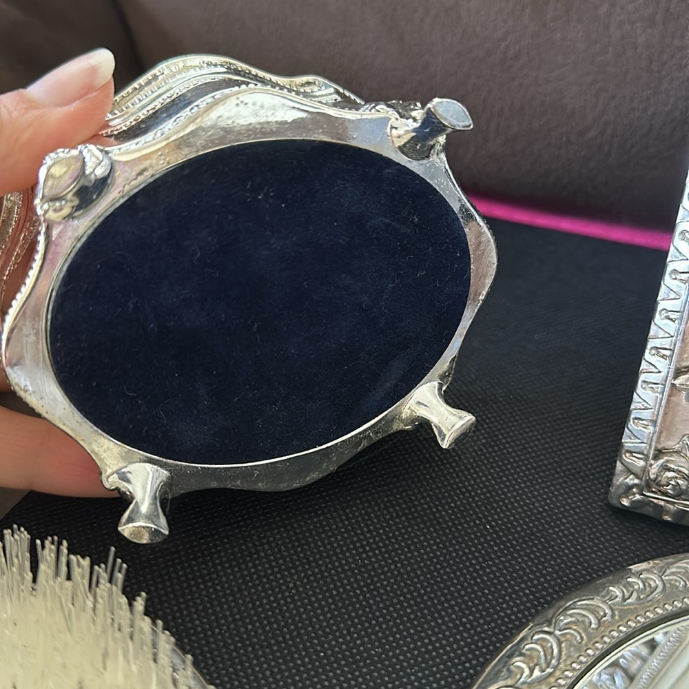 Vintage Silver Vanity Set Ornate Mirror, Brush, Trinket Box with Victorian Charm - Picture 8 of 16